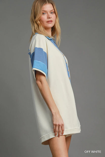 Off-white Umgee French Terry colorblock romper with a collared neckline, casual and comfortable for everyday wear.