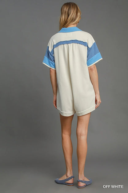 Off-white Umgee French Terry colorblock romper with a collar, casual and stylish for comfortable everyday wear.
