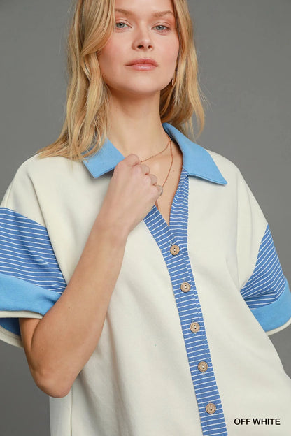 Off-white Umgee French Terry colorblock romper with a collared neckline, casual and comfortable for everyday wear.