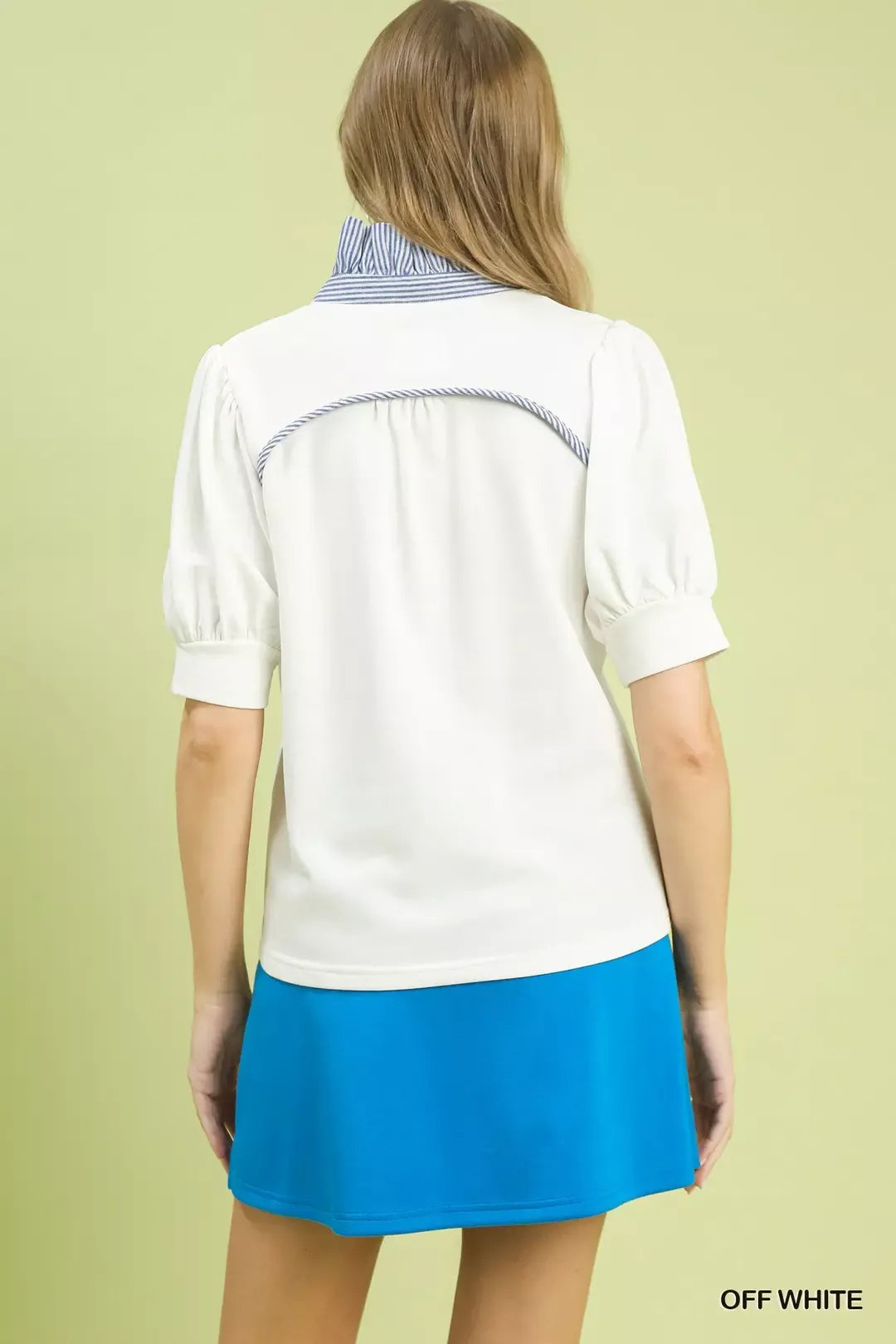 Off-white Umgee striped collar popover top with long sleeves and button-up front, casual and stylish for everyday wear.