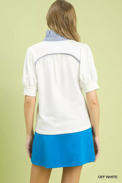 Off-white Umgee striped collar popover top with long sleeves and button-up front, casual and stylish for everyday wear.