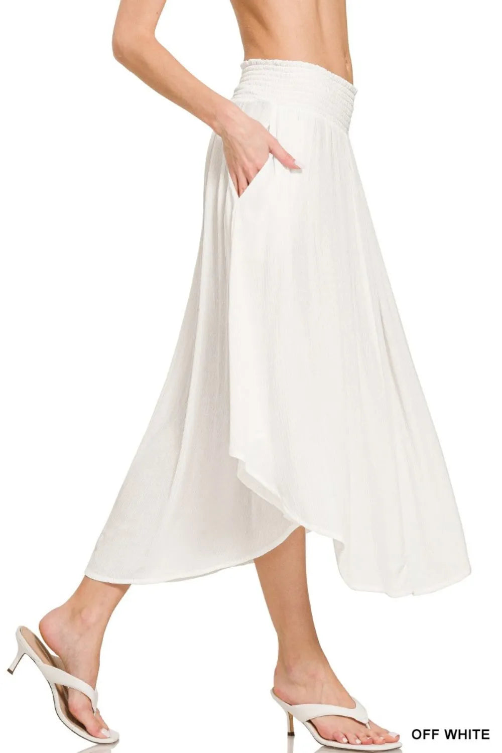 Off-white Zenana woven crinkle maxi skirt with smocked waist and side pockets, stylish and comfortable for casual wear.