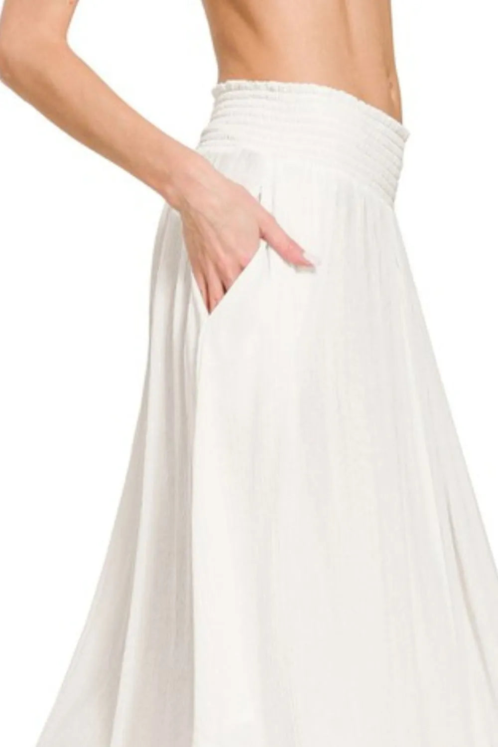 Off-white Zenana woven crinkle maxi skirt with smocked waist and pockets, stylish and comfortable for everyday wear.
