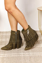 Olive green Legend Women's Tassel Wedge Heel Ankle Booties with tassel details and wedge heel, trendy and stylish footwear.