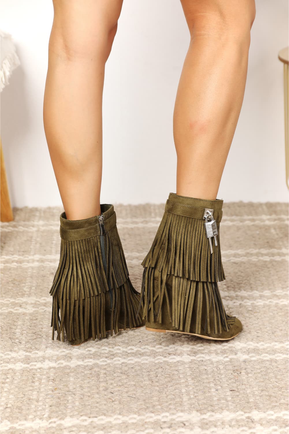 Olive green Legend Women's Tassel Wedge Heel Ankle Booties with tassels and wedge heel, stylish and trendy footwear.