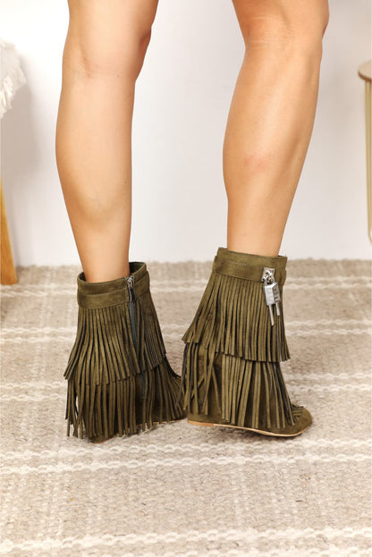 Olive green Legend Women's Tassel Wedge Heel Ankle Booties with tassels and wedge heel, stylish and trendy footwear.