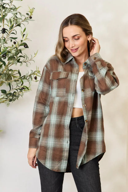 Olive brown Mandy plaid dropped shoulder shirt by Trendsi, featuring a relaxed fit and casual plaid pattern.