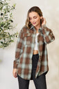 Olive brown Mandy plaid dropped shoulder shirt by Trendsi, featuring a relaxed fit and casual plaid pattern.
