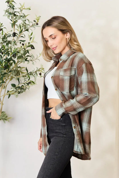 Olive brown Mandy plaid dropped shoulder shirt by Trendsi, featuring a relaxed fit and casual style, shown on a model.