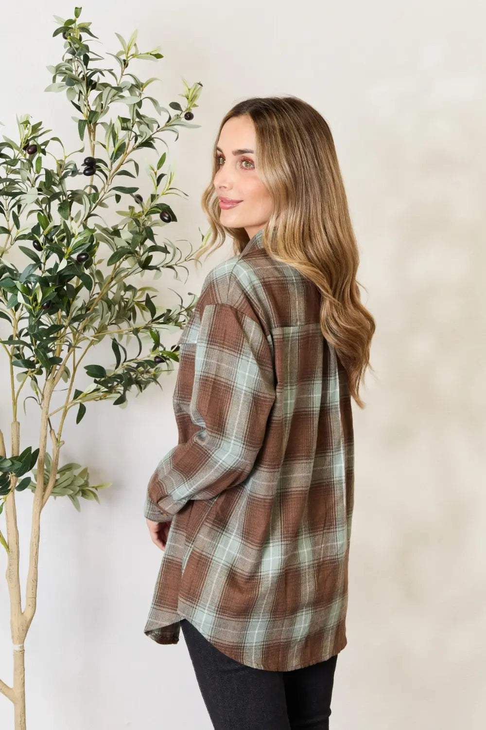 Olive brown Mandy plaid dropped shoulder shirt by Trendsi featuring a relaxed fit and classic plaid pattern.