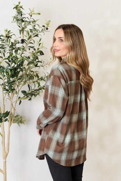 Olive brown Mandy plaid dropped shoulder shirt by Trendsi featuring a relaxed fit and classic plaid pattern.