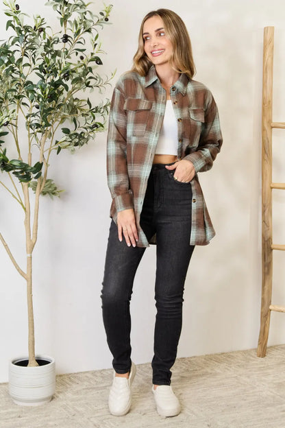 Olive brown Mandy plaid dropped shoulder shirt by Trendsi, featuring a relaxed fit, long sleeves, and casual plaid design.