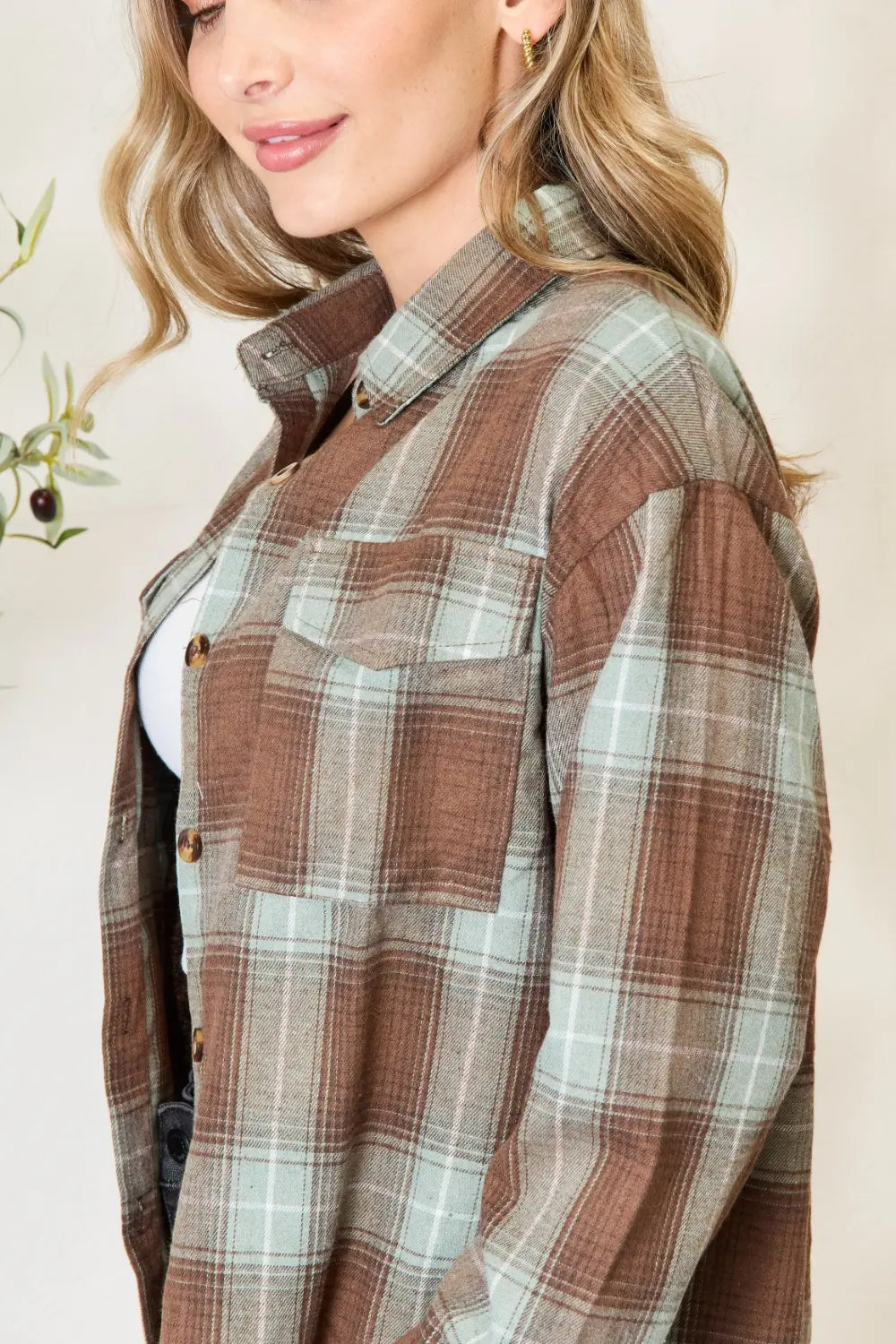 Olive brown Mandy plaid dropped shoulder shirt by Trendsi, featuring a relaxed fit and casual plaid pattern, displayed on a white background.