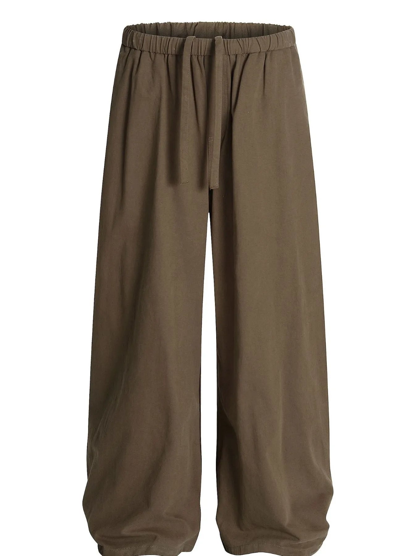 Men's wide leg drawstring elastic waist pants in olive brown, casual style with comfortable fit and relaxed design.