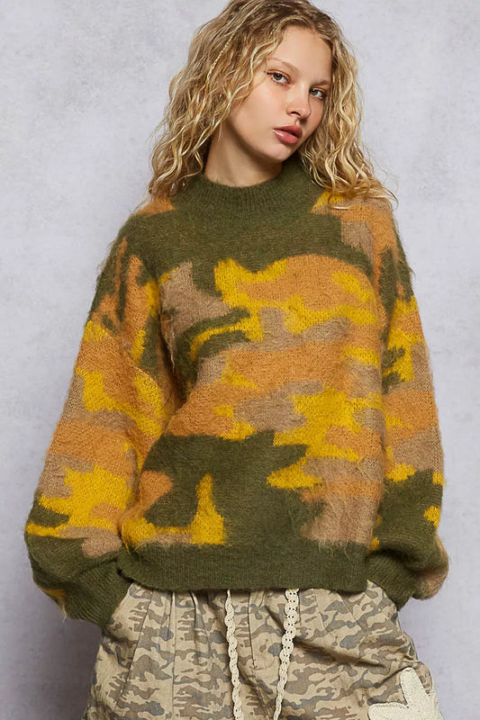 Olive and multi-color abstract colorblock pattern mock neck sweater by Trendsi, featuring a cozy, stylish design.