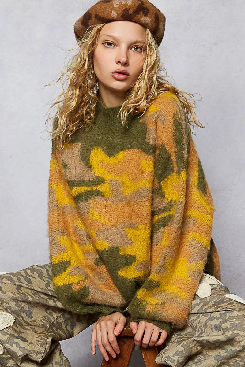 Olive and multi-color abstract colorblock mock neck sweater by Trendsi, featuring a stylish pattern and cozy knit fabric.