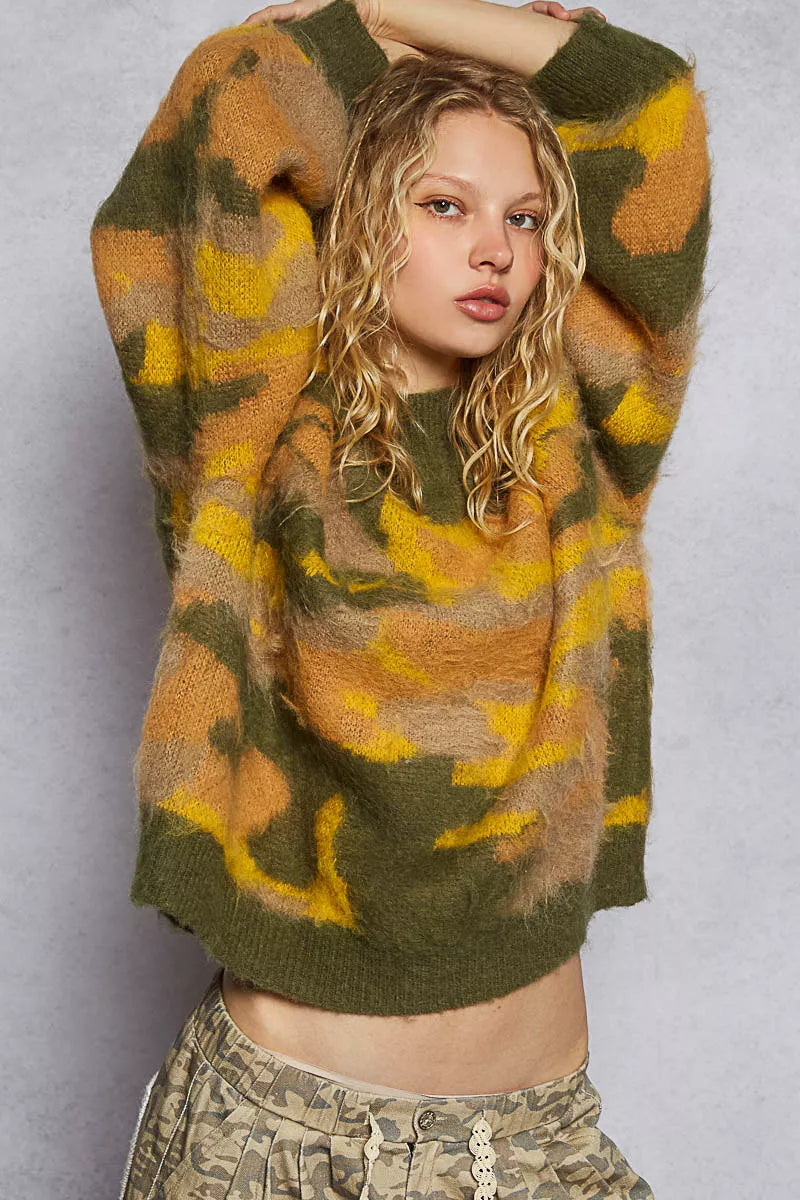 Olive and multi-color abstract pattern mock neck sweater by Trendsi, featuring colorblock design and cozy knit fabric.