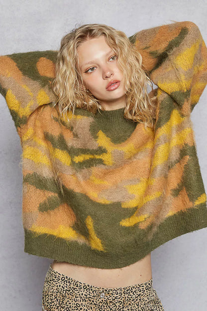 Olive and multi-color abstract pattern mock neck sweater by Trendsi, featuring a colorblock design and cozy fit.