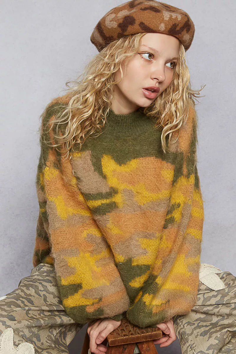 Olive and multi-color abstract pattern mock neck sweater by Trendsi, featuring a colorblock design.