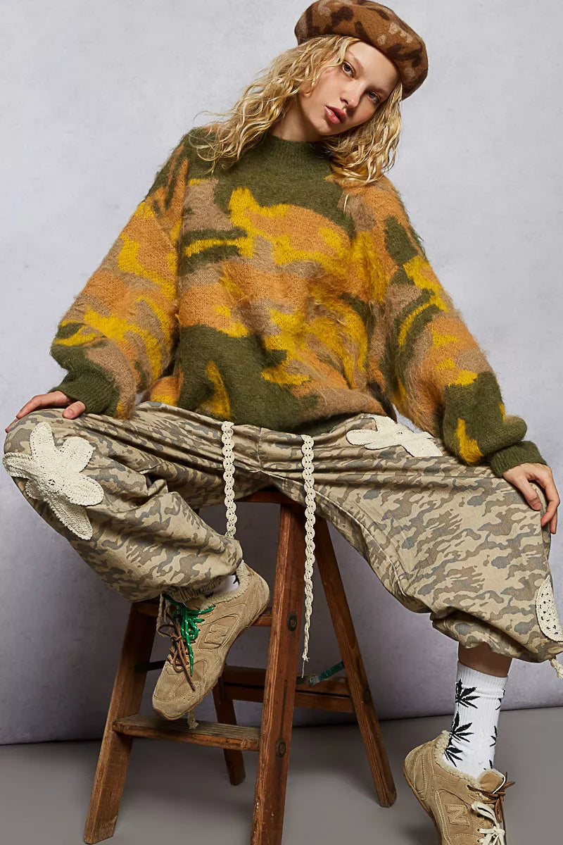 Olive and multi-color abstract colorblock pattern mock neck sweater by Trendsi, featuring a cozy knit design.
