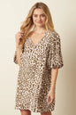Olive green animal print puff sleeve mini dress by Mittoshop, featuring a fitted silhouette and stylish short puff sleeves.