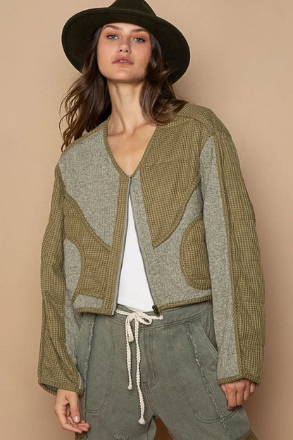 Olive POL quilted knit jacket with viding detail and knit patch accents, stylish outerwear by Trendsi.
