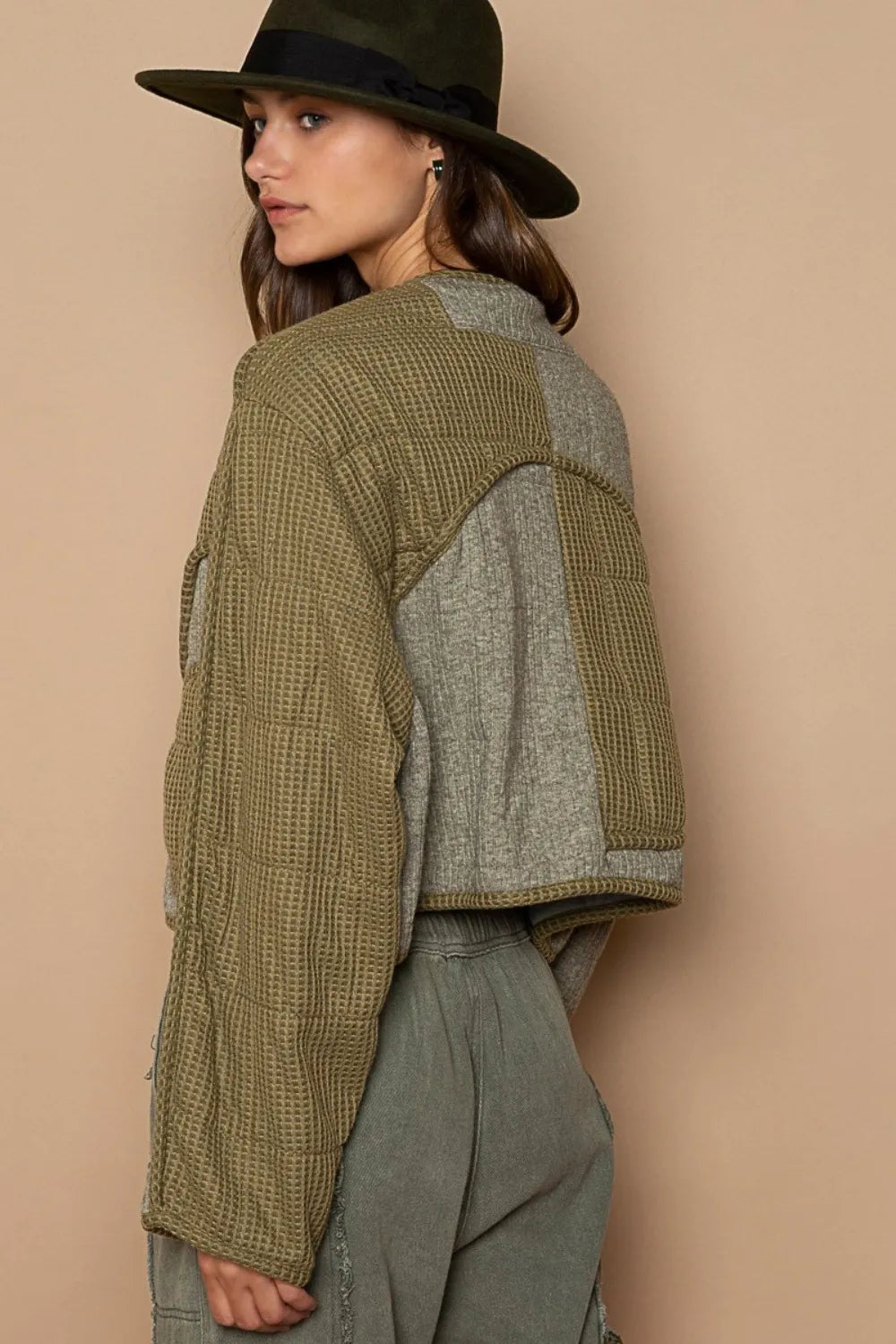 Olive POL Quilted Knit Viding Detail Knit Patch Jacket by Trendsi, showing quilted fabric, patch accents, and knit texture.