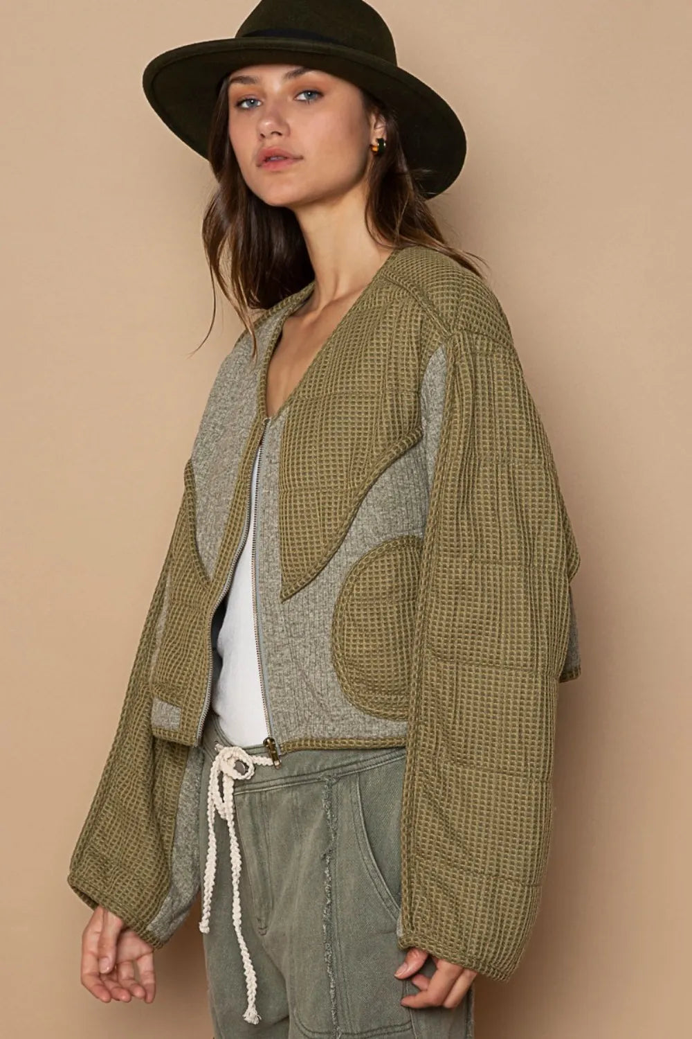 Olive green POL Quilted Knit Viding Detail Knit Patch Jacket by Trendsi featuring quilted fabric and knit patches.