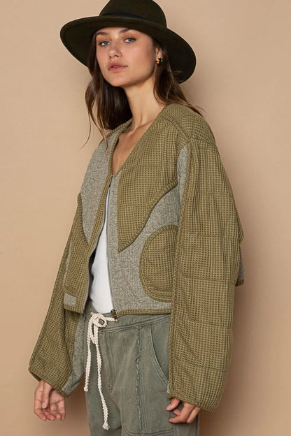 Olive green POL Quilted Knit Viding Detail Knit Patch Jacket by Trendsi featuring quilted fabric and knit patches.