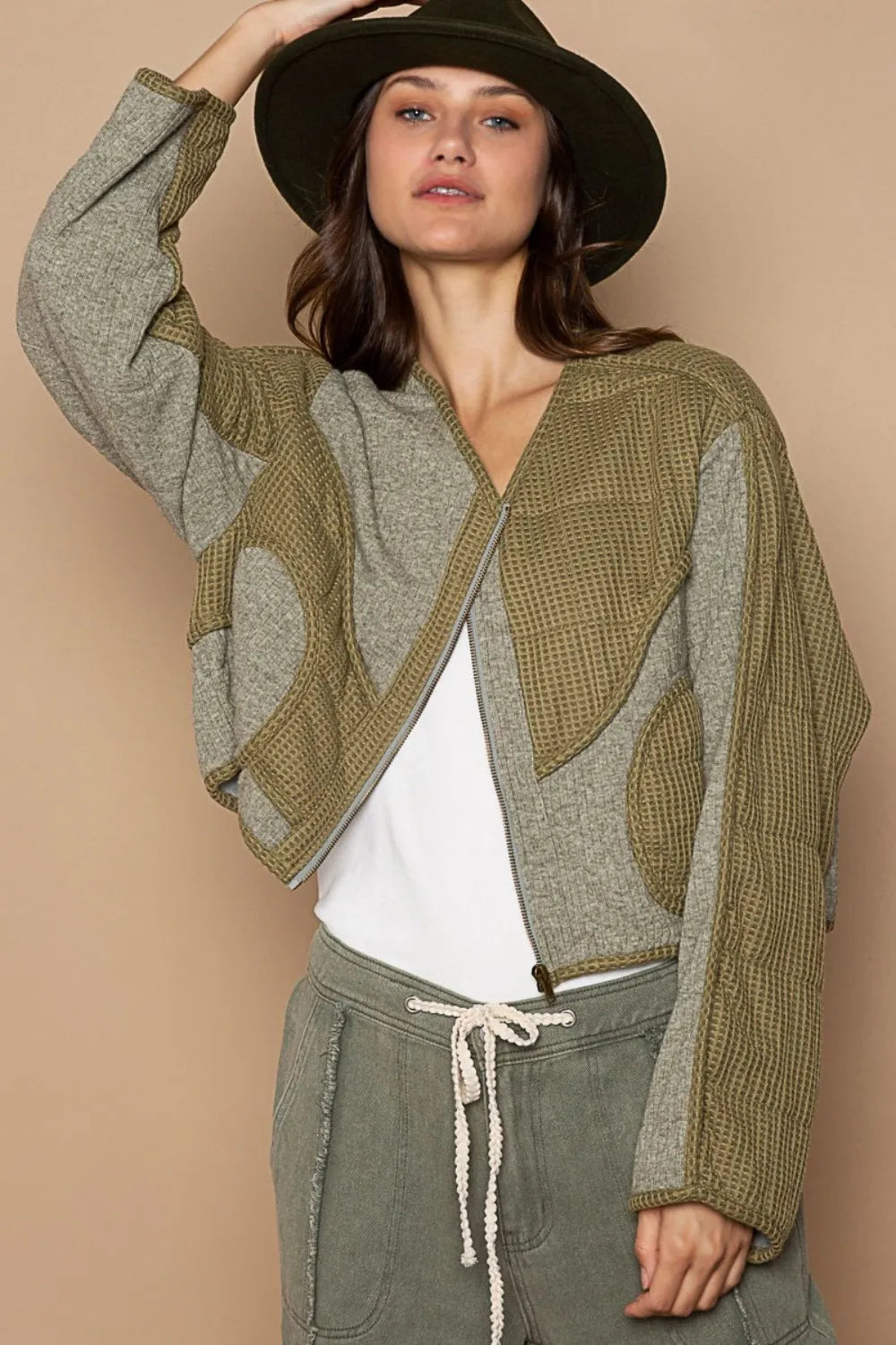 Olive green POL quilted knit jacket with viding detail and knit patch accents, designed by Trendsi.