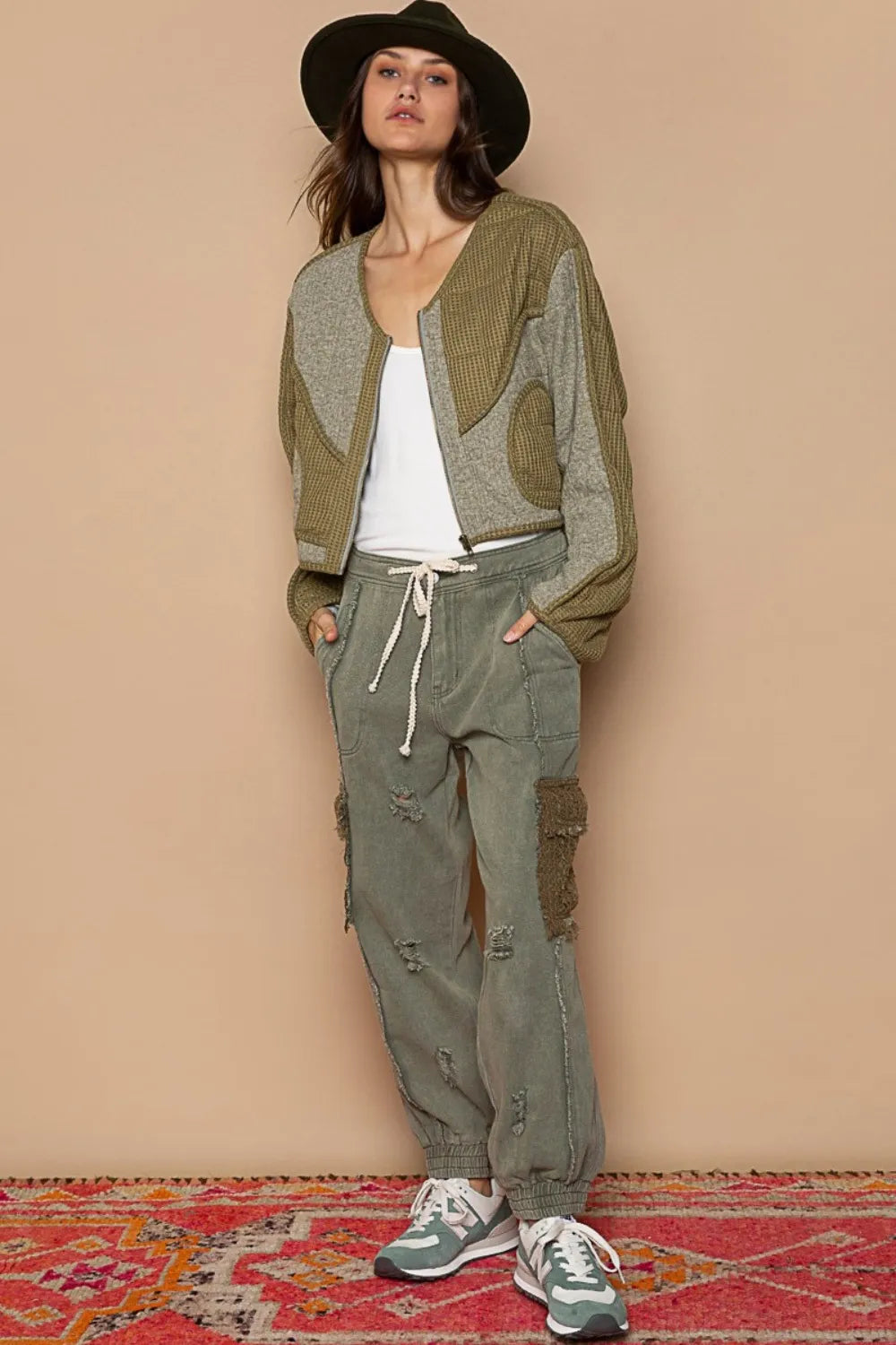 Olive POL Quilted Knit Viding Detail Knit Patch Jacket by Trendsi, showcasing quilted fabric, patch accents, and a stylish knit design.
