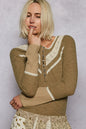 Olive green POL ribbed knit top with half button front and lace detail, stylish and comfortable, by Trendsi.