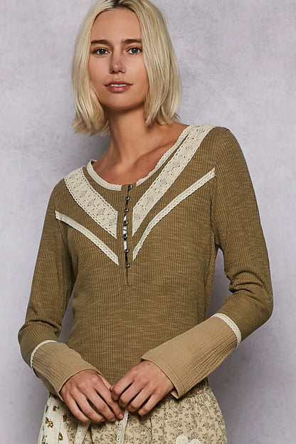 Olive green POL ribbed knit top with half-button closure and lace details, designed by Trendsi.