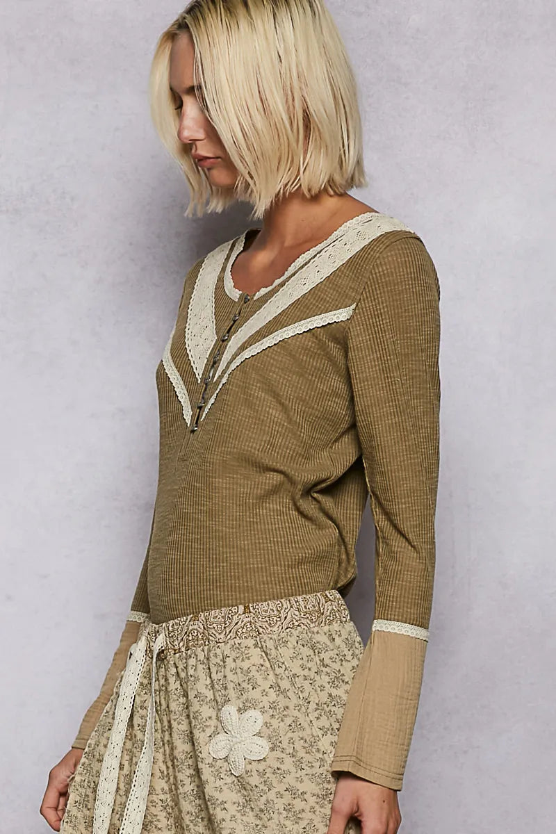 Olive green POL ribbed knit top with half-button placket and lace details, casual women's fashion by Trendsi.