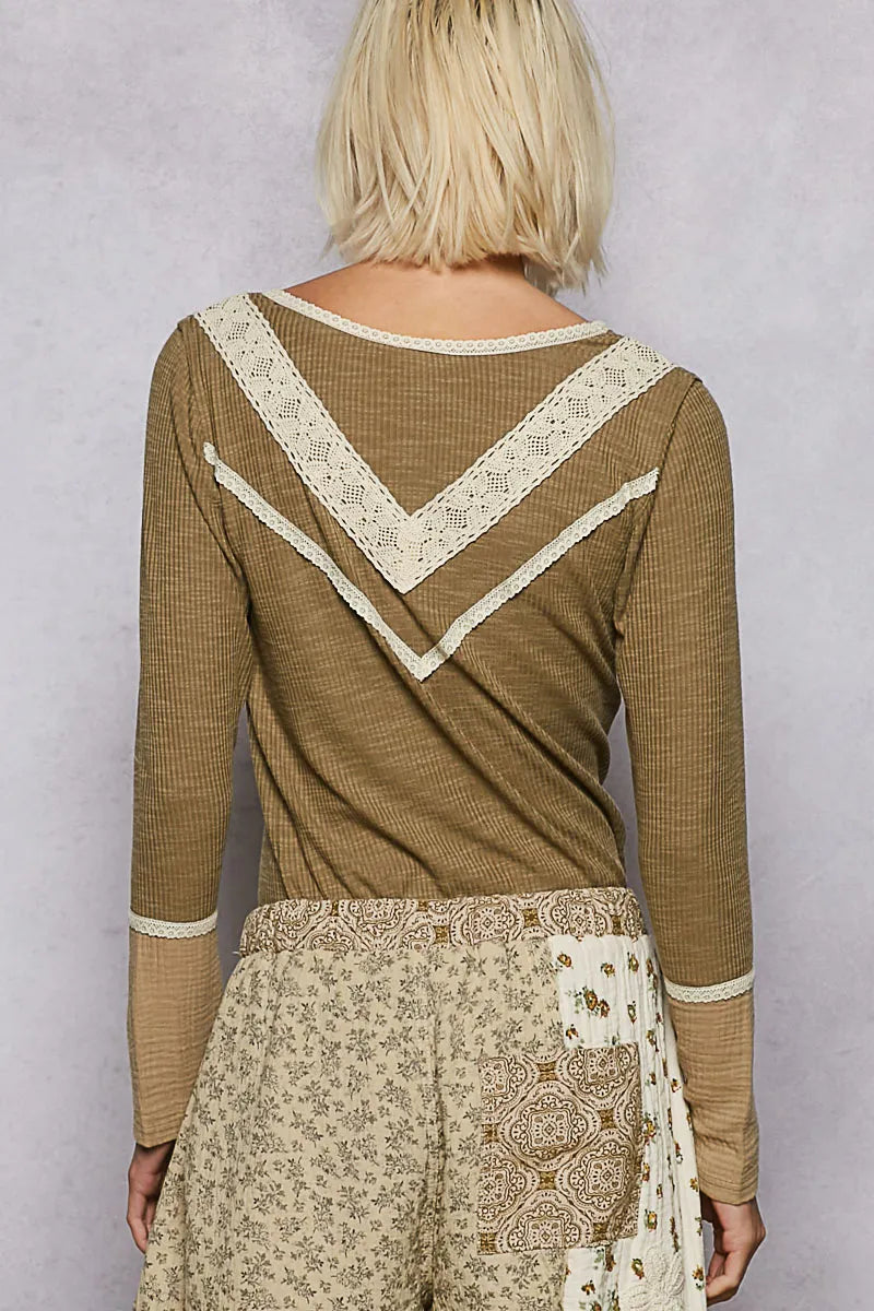 Olive green ribbed knit top with half-button front and lace detail, by Trendsi, showcasing a close-up of the fabric and design features.