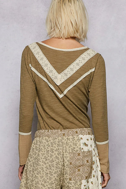 Olive green ribbed knit top with half-button front and lace detail, by Trendsi, showcasing a close-up of the fabric and design features.