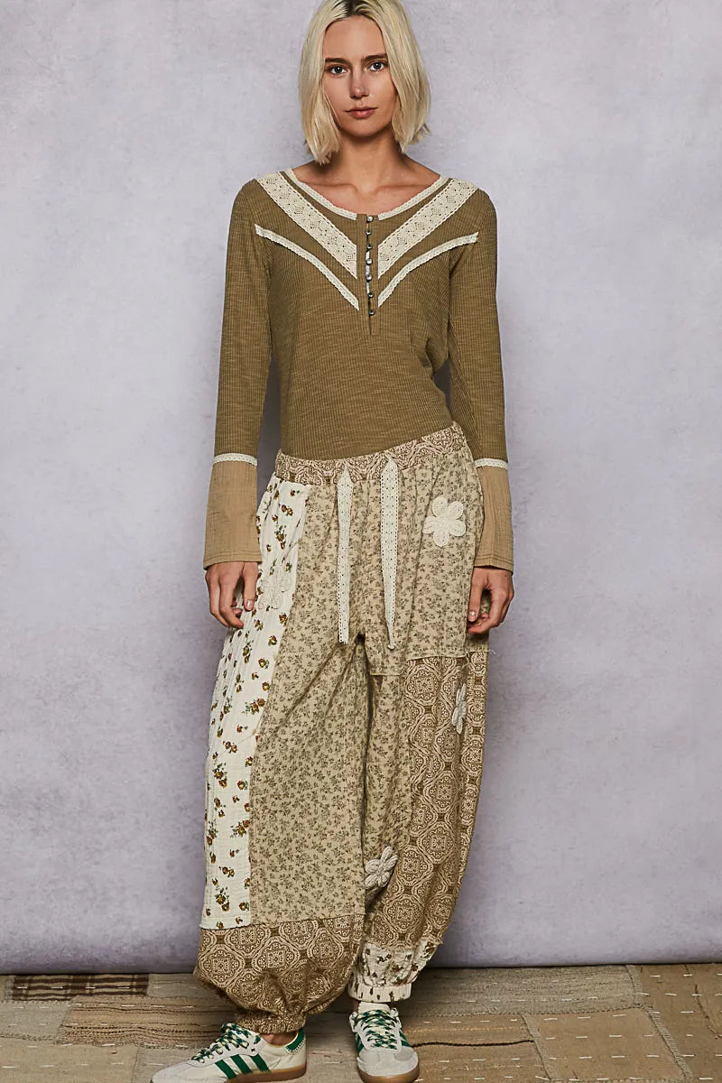Olive green POL ribbed knit top with half button front and lace detail, stylish and comfortable Trendsi women's knitwear