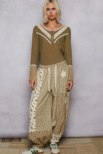 Olive green POL ribbed knit top with half button front and lace detail, stylish and comfortable Trendsi women's knitwear