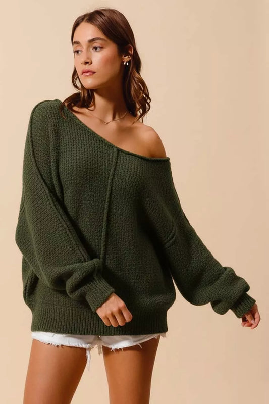 Olive green SO ME loose fit boucle sweater with exposed seams and slouchy style, casual and cozy women's knitwear by Trendsi.