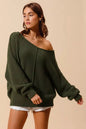 Olive green SO ME loose fit boucle sweater with exposed seams and slouchy style, casual and cozy women's knitwear by Trendsi.
