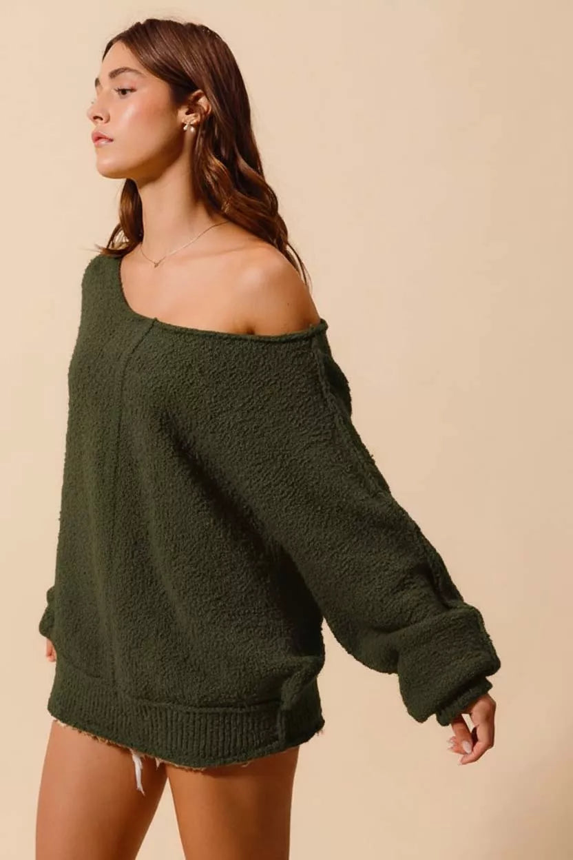 Olive green SO ME loose fit boucle sweater with exposed seams and slouchy style, casual and cozy women's knitwear.