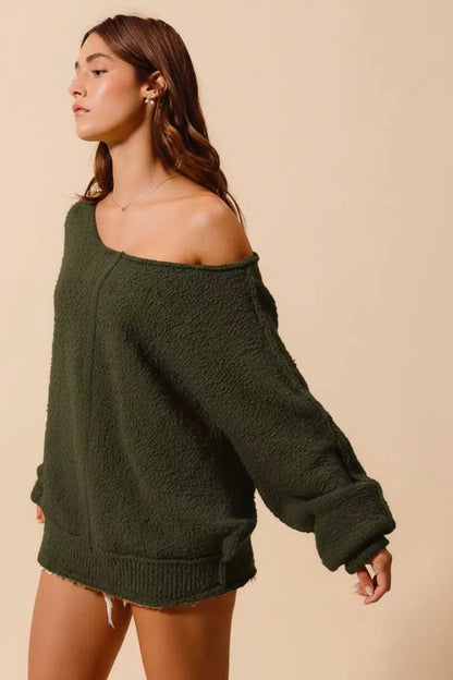 Olive green SO ME loose fit boucle sweater with exposed seams and slouchy style, casual and cozy women's knitwear.