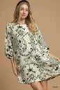 Olive green Umgee boho printed balloon sleeve mini dress with a relaxed fit and stylish design, perfect for casual wear.