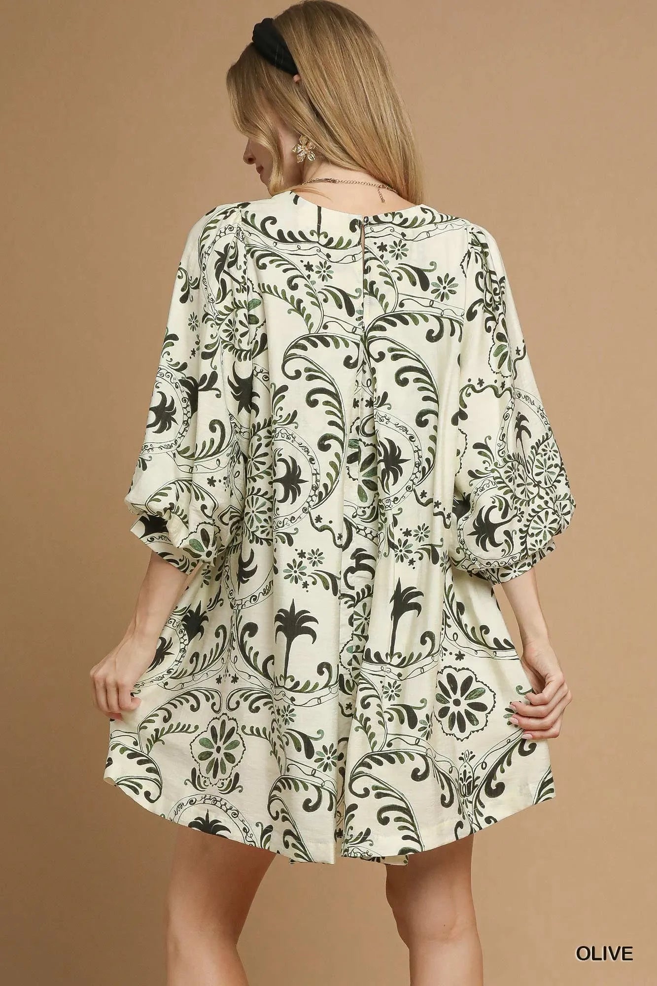 Olive green Umgee Boho printed mini dress with balloon sleeves, casual and stylish for everyday wear.