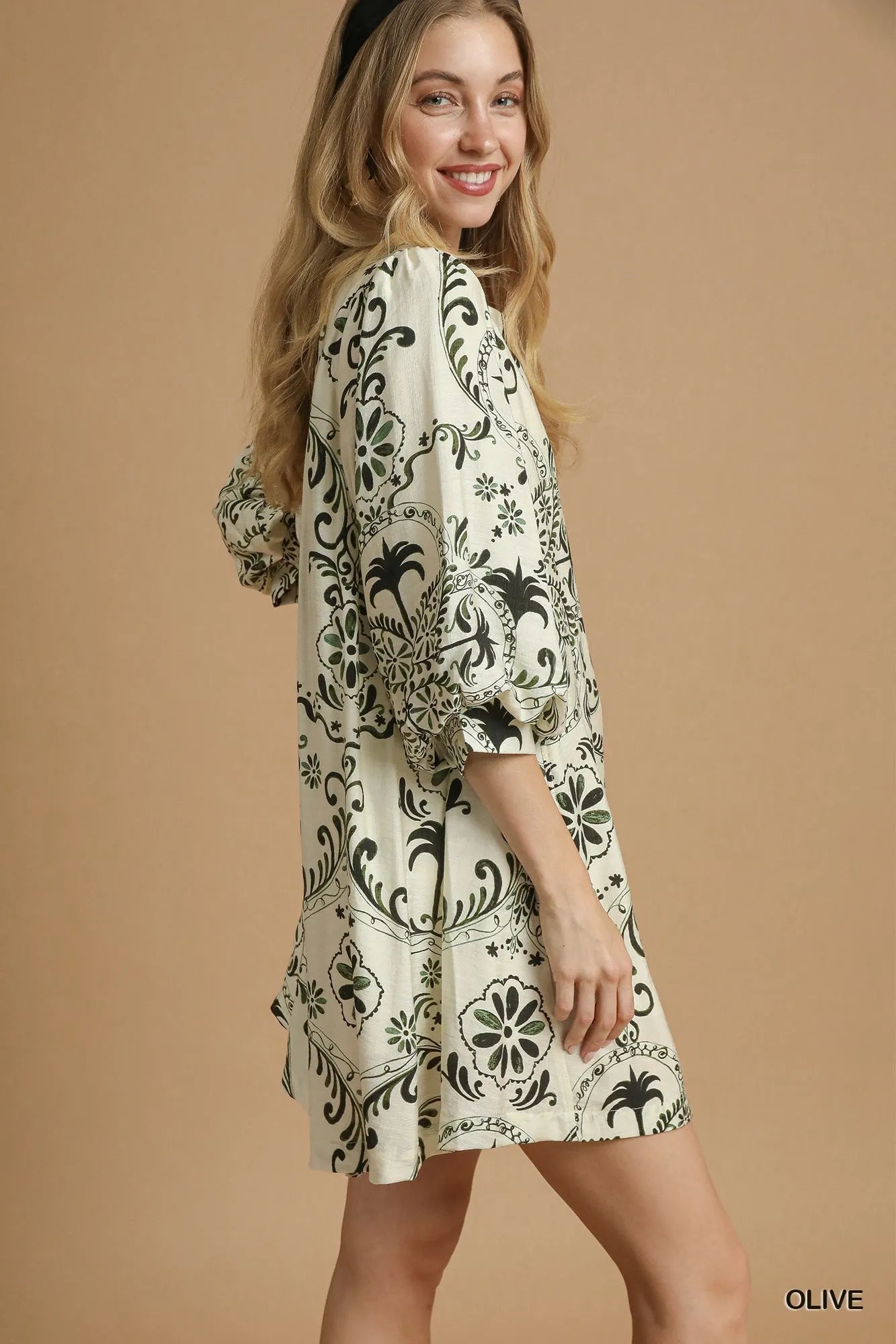 Olive green Umgee boho printed balloon sleeve mini dress with relaxed fit and stylish design, perfect for casual wear.