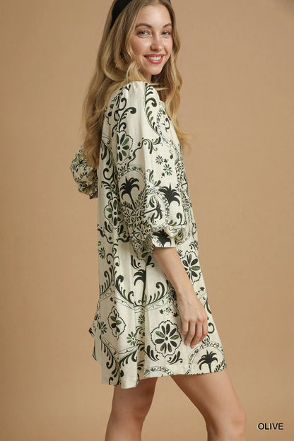 Olive green Umgee boho printed balloon sleeve mini dress with relaxed fit and stylish design, perfect for casual wear.