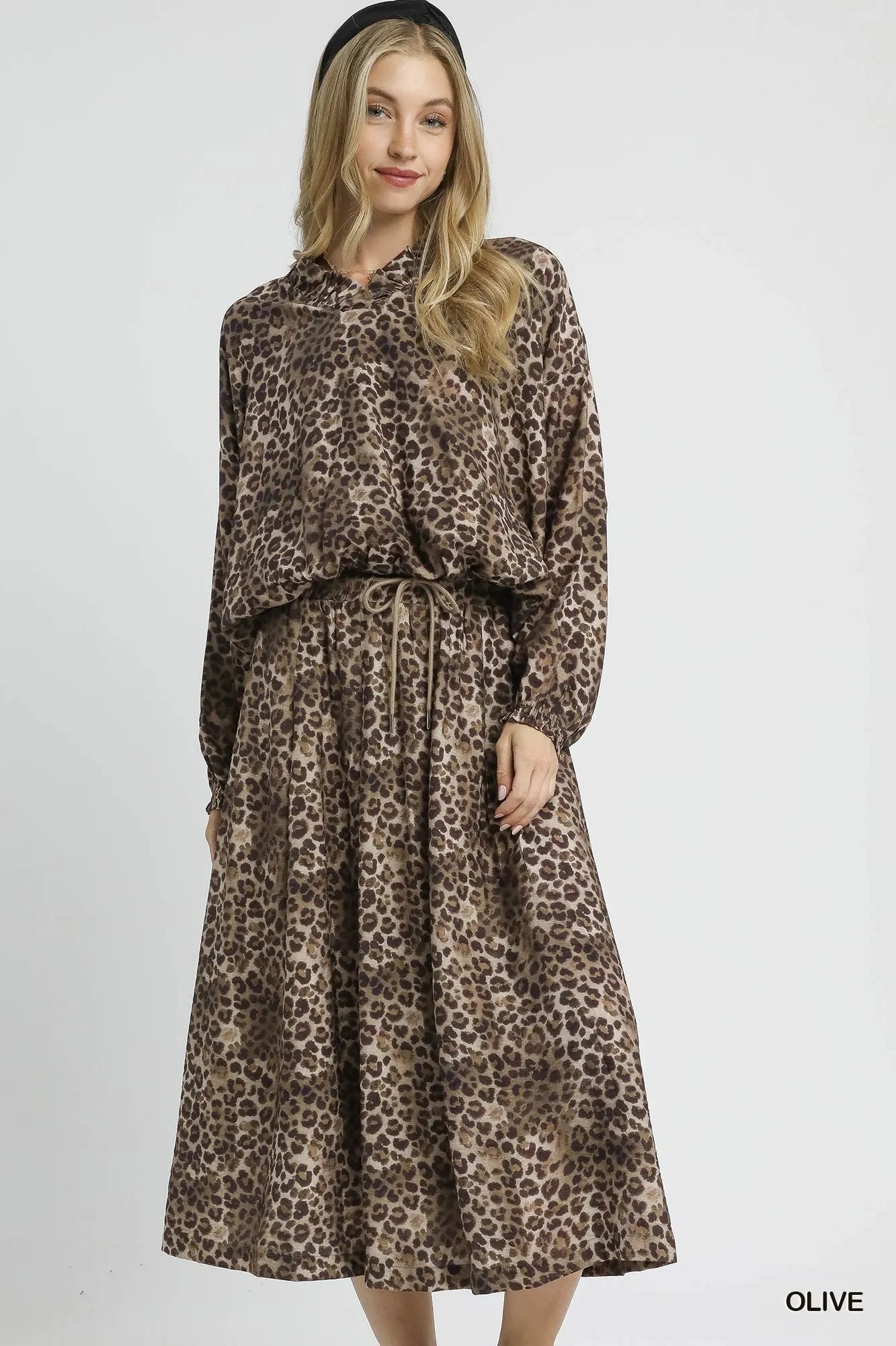 Olive green Umgee drawstring leopard midi skirt with a relaxed fit and flowy silhouette, perfect for casual and chic outfits.