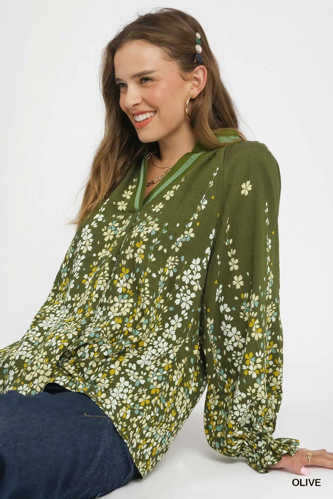 Olive green Umgee floral vine print blouse with balloon sleeves, stylish and lightweight for casual or dressy wear.