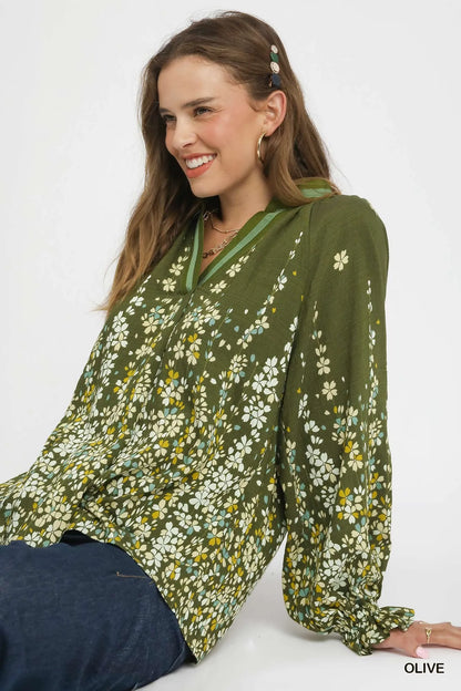 Olive green Umgee floral vine print blouse with balloon sleeves, stylish and lightweight for casual or dressy wear.