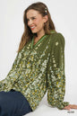 Olive green Umgee floral vine print blouse with balloon sleeves, stylish and lightweight for casual or dressy wear.